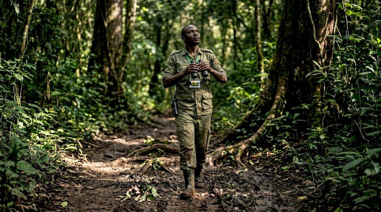 Local Ugandan community planting trees on a hillside at golden hour